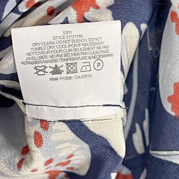 Tory Burch Size 2 Navy Blue Gray Red Floral Printed Long Sleeve Silk Blouse Top - Picture 10 of 10